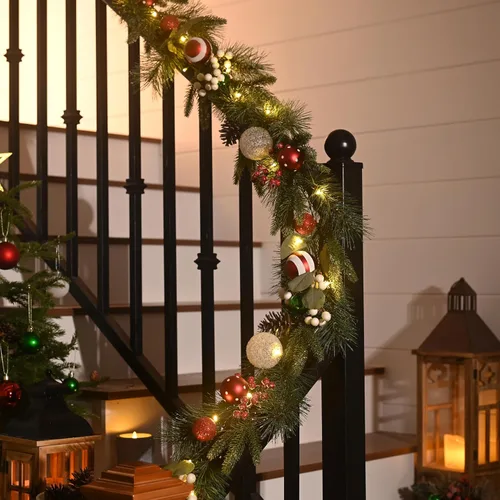 Vista 5 de Valery Madelyn - Guirnalda de Navidad de 1.8 m preiluminada con luces para manto, guirnalda navideña iluminada para exteriores con bolas rojas