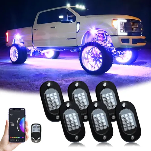 Vista 12 de YiLaie Luces LED RGB, 60 LED de alto brillo, kit de luz de neón multifunción impermeable para coche con control de aplicación/RF, luces de roca