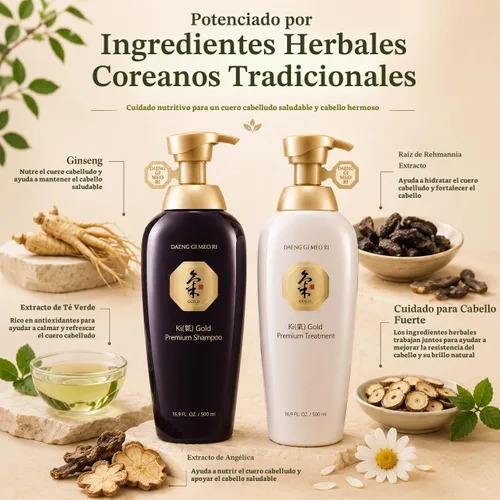 Vista 5 de Daeng Gi Meo Ri- Ki Gold Premium Champú + juego de tratamiento, promueve el crecimiento del cabello, humectación eficaz para cabello seco y áspero
