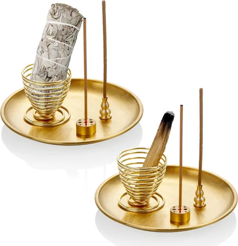 Vista 11 de ZenBless Quemador de incienso 5 en 1, soporte para palo, soporte para salvia, soporte de incienso para varillas de incienso, bobina, conos de Dorado