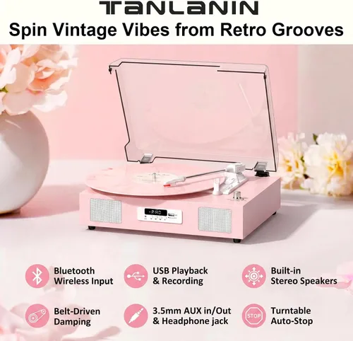 Vista 2 de Vinyl Record Player with Stereo Speakers Turntable USB Recording, Pink,Built-in Speakers, 3-Speed Belt Drive, RCA Line-Out AUX-in, Auto Stop