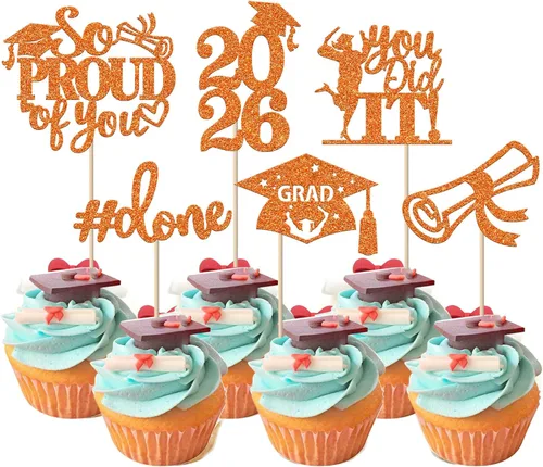 Vista 19 de Paquete de 24 adornos para cupcakes de clase de 2026 con purpurina 2026 para diploma de graduación 2026, selecciones para cupcakes para graduación