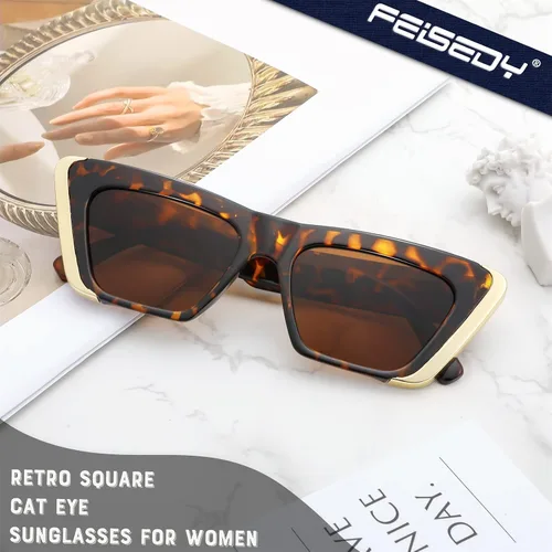 Vista 4 de FEISEDY Gafas de sol retro para mujeres y hombres, estilo vintage, ojo de gato, a la moda, de metal, cuadrados, de los años 70, montura clásica