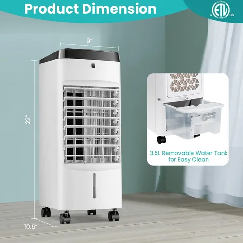 Vista 8 de GOFLAME Enfriador de aire evaporativo portátil, ventilador humidificador 3 en 1 con control remoto, tanque de agua de 3.5 L, 2 paquetes de hielo, 4