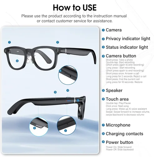 Vista 7 de Gafas inteligentes con cámara 4K, traducción AI de 139 lúmenes, reconocimiento de objetos ChatGPT, audio de oído abierto y llamadas BT, lentes Negro