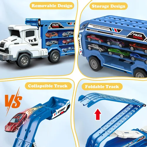 Vista 3 de Juguetes de coche y camiones para niños pequeños, camiones de transporte de juguete para niños de 3 a 5 y 4 a 8 años, juegos de pistas de carreras