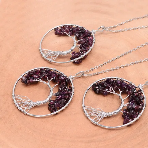 Vista 3 de sedmart Collar con colgante de árbol de la vida con cristal de amatista y rosa