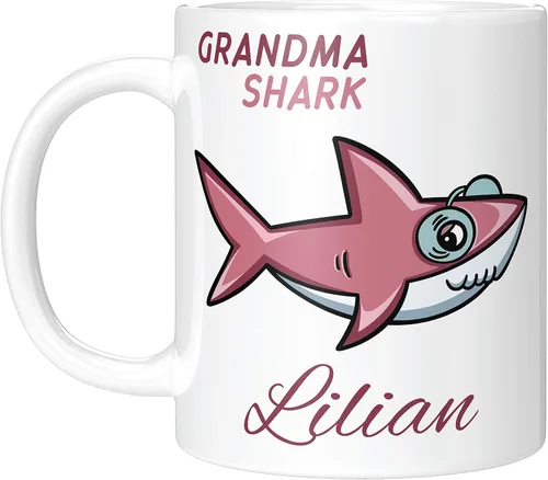 Vista 12 de Be Burgundy Taza de café personalizada con nombre de tiburón bebé – 11 oz – Tazas familiares de tiburones con opción de posavasos a juego, Baby