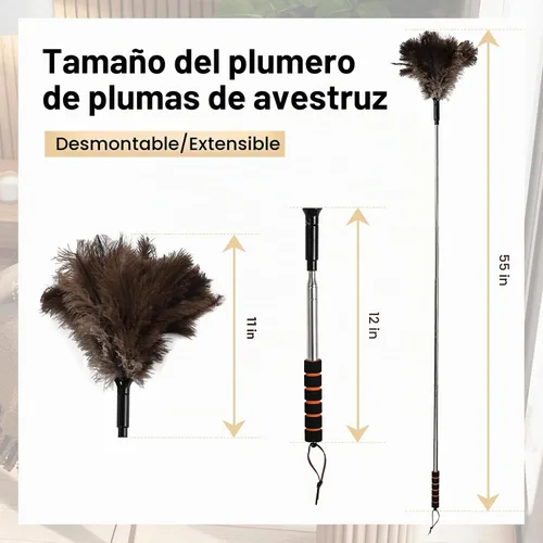 Vista 2 de Plumero extensible de avestruz de 26 a 55 pulgadas, plumero de limpieza natural con agarre de esponja y poste de extensión de acero inoxidable