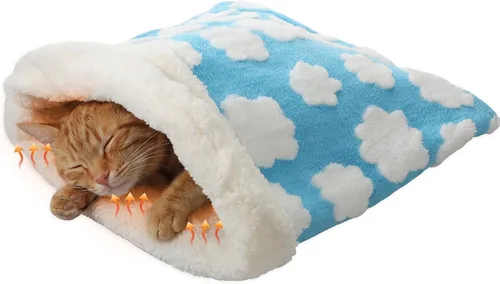 Vista 8 de Saco de dormir autocalentable para gatos de interior, cama cueva autocalentable para gatos, almohadilla térmica acogedora y suave para invierno Gris