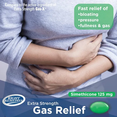 Vista 3 de RIGHT REMEDIES Alivio de gas extra fuerte, 125 mg de simeticona (365 cápsulas blandas), alivio rápido del gas, hinchazón, plenitud, malestar