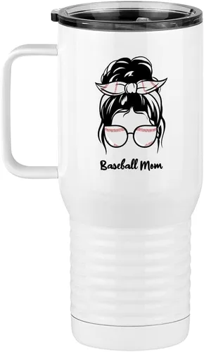 Vista 2 de Just So Posh Vaso de béisbol para mamá, taza de café de viaje con asa y tapa deslizante, color blanco de 20 onzas, color camello polar, acero