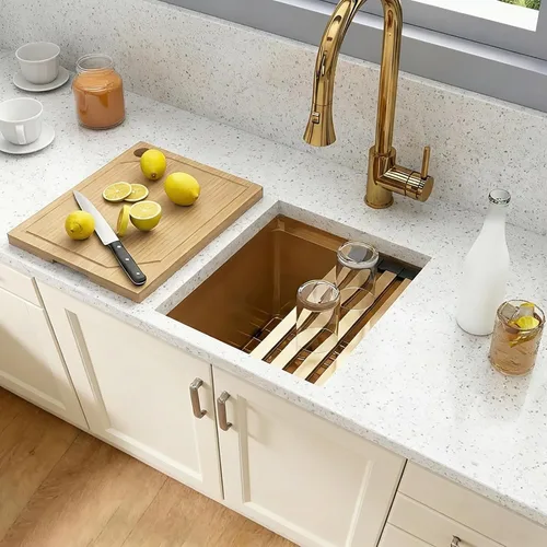 Vista 7 de Fregadero de barra dorada de 13 x 15 pulgadas, fregaderos de cocina dorados de acero inoxidable SUS304 de calibre 16 con accesorios, fregadero