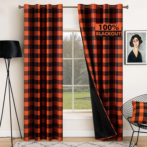 Vista 12 de MIULEE Cortinas opacas a cuadros para dormitorio rural, cortinas opacas con ojales para sala de estar, bloqueo de luz y aislamiento térmico, juego