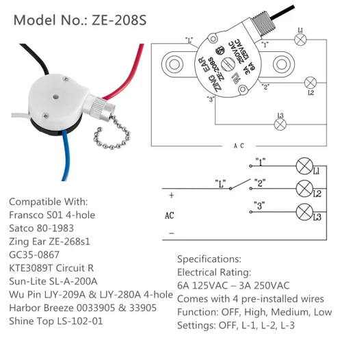 Vista 2 de Zing Ear ZE-208S E89885 - Interruptor de ventilador de 3 velocidades, 4 cables, interruptor de ventilador de techo, interruptor de control de 1