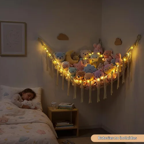 Vista 3 de Basumee Hamaca de animales de peluche con red de esquina de luz LED Crema