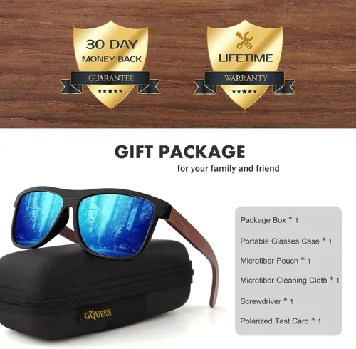 Vista 6 de GQUEEN Gafas de sol polarizadas de madera retro para hombre y mujer, protección UV400