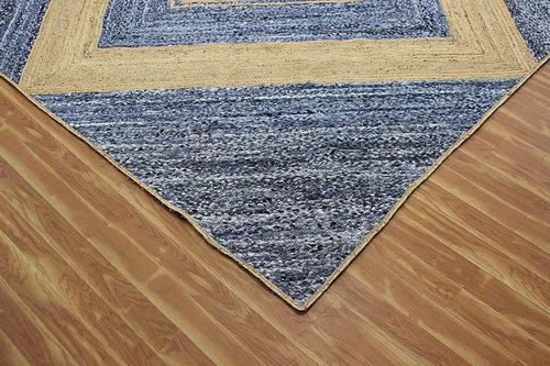 Vista 9 de Collection - Alfombra rectangular de 2 x 3 pies, alfombra trenzada azul de algodón y yute, alfombra geométrica kilim para interiores y exteriores