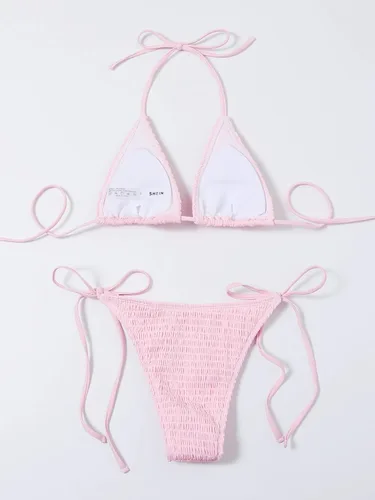 Vista 2 de SweatyRocks Traje de baño triangular de 2 piezas para mujer, parte superior halter con lazo lateral