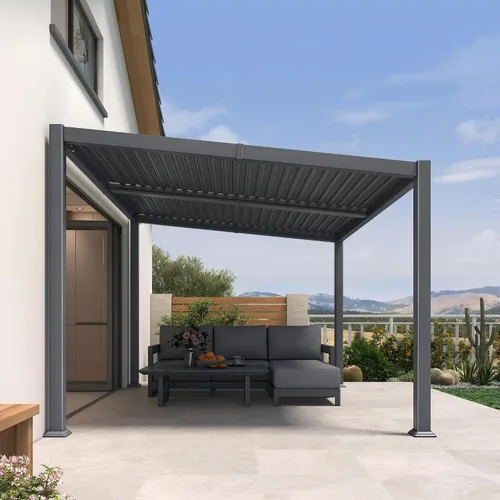 Vista 10 de PURPLE LEAF Pérgola con listones de techo rígido de 8 x 10, pérgola de aluminio para patio al aire libre con techo ajustable a prueba de lluvia