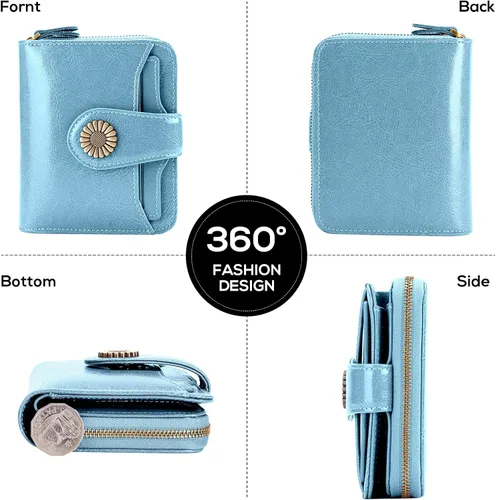 Vista 4 de INSIFEEL Billetera pequeña para mujer, bolso compacto de cuero con bloqueo RFID RFID para mujer, Azul claro, Retro