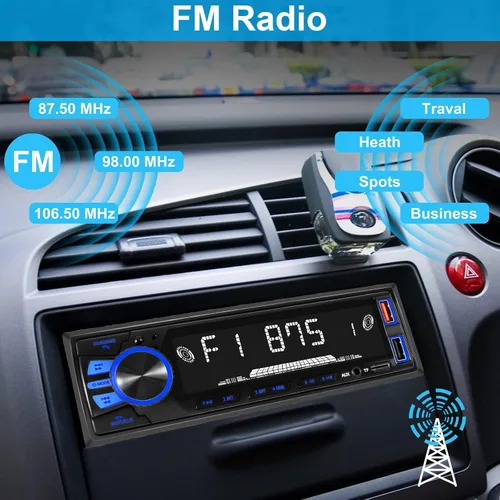 Vista 6 de Radio de coche Bluetooth Single DIN Audio estéreo para automóvil, audio para automóvil con manos libres y control de aplicación, compatible con FM