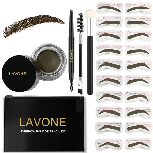 Vista 32 de LAVONE Kit de plantillas para cejas, trío de sellos para cejas con lápiz impermeable, pomada, 20 plantillas, cepillo de doble punta y aplicador