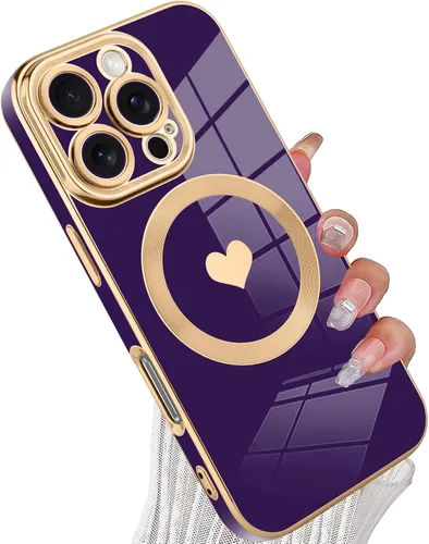 Vista 50 de tharlet Funda Magnética para iPhone 11 [Compatible con Magsafe] Lindo Corazón de Amor de Lujo Chapado Borde Dorado Parachoques con Lente de Cámara