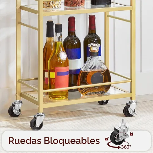 Vista 4 de MAHANCRIS Carrito de bar para el hogar, carrito de bebidas de 3 niveles con ruedas, carrito de servicio de bar en casa, carrito de mini bar