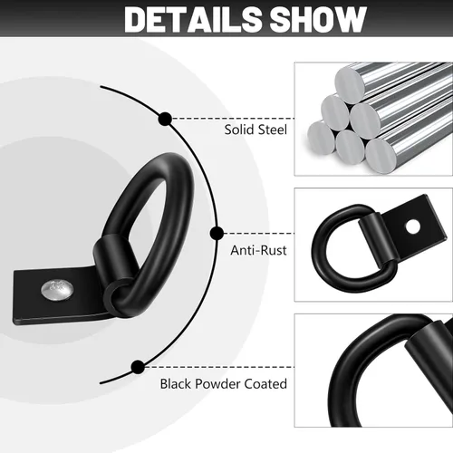 Vista 3 de garini Anclajes de amarre de anillo en D negro, 4 anillos en D resistentes con tornillos