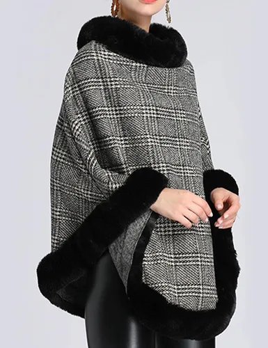 Vista 4 de Gihuo Capa de poncho a cuadros para mujer capa de chal de piel sintética de lujo