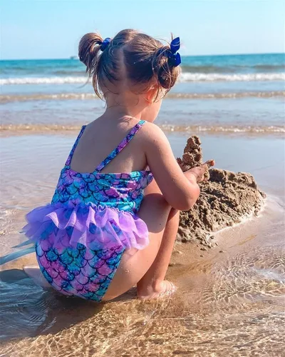 Vista 4 de swimsobo Traje de baño para niñas, de una pieza, estampado 3D con volantes de tul 3-10T