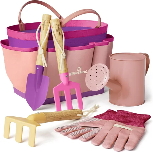 Vista 10 de Kinderific Juego de herramientas de jardinería, para niños, STEM, incluye bolsa de mano, pala, regadera, rastrillo, tenedor, paleta y guantes