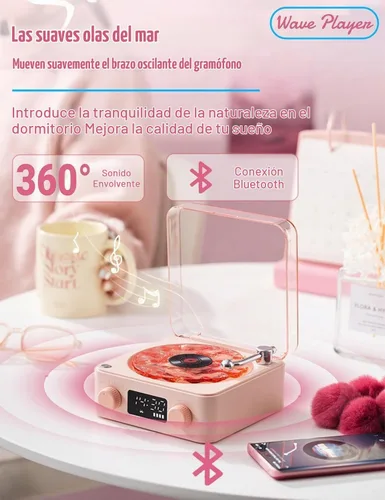 Vista 4 de The Waves - Altavoz Bluetooth, mini altavoces portátiles retro para ayudar a dormir, tocadiscos retro con ondas con luz ambiental, ruido blanco mar