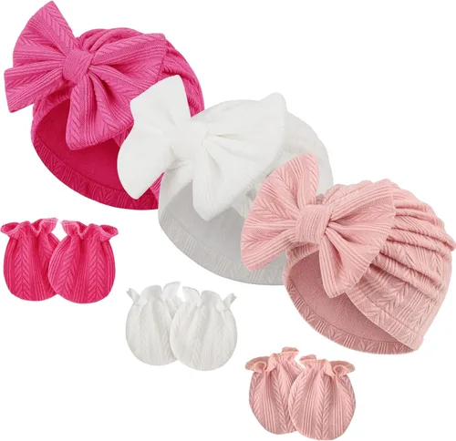 Vista 21 de BQUBO Gorros para Niñas Recién Nacidas Conjunto de Gorro y Manoplas para Bebé Gorros para Infantes con Moño Gorro de Hospital con Manoplas