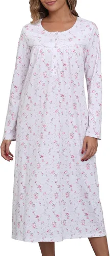 Vista 11 de Camisones largos de algodón para mujer, 100% algodón, vestido de noche de manga larga para mujer, ropa de dormir vintage A rosa