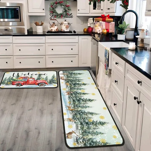 Vista 12 de Juego de 2 alfombras y tapetes de cocina navideños, decoraciones navideñas para el hogar con respaldo antideslizante, alfombra de cocina