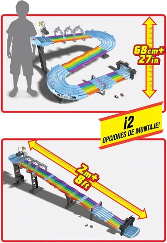 Vista 8 de Juego de pista de carreras Hot Wheels Mario Kart Rainbow Road de 8 pies con luces y sonidos y 2 vehículos a escala 1:64, carrera con curso colorido