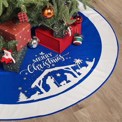 Vista 9 de Falda de árbol de Navidad de 48 pulgadas, falda de árbol de Navidad de poliéster con patrón de copo de nieve, ciervo, muñeco de nieve, decoraciones