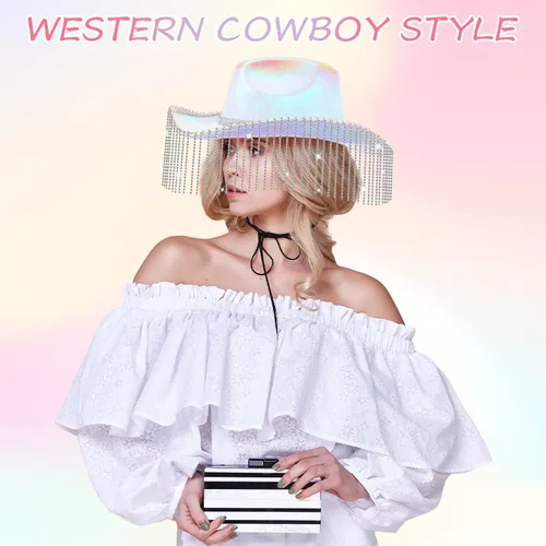 Vista 4 de Toulite Sombrero de vaquero con purpurina de diamantes de imitación occidentales para mujer, sombrero de vaquera con lentejuelas brillantes