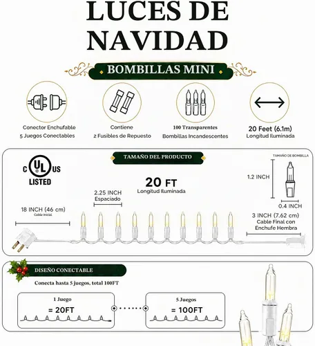 Vista 2 de TW SHINE Luces de Navidad Blanco Cálido, 20 PIES 100 Unidades Luces Incandescentes de Alambre Blanco para Árbol de Navidad, Luces de Cadena