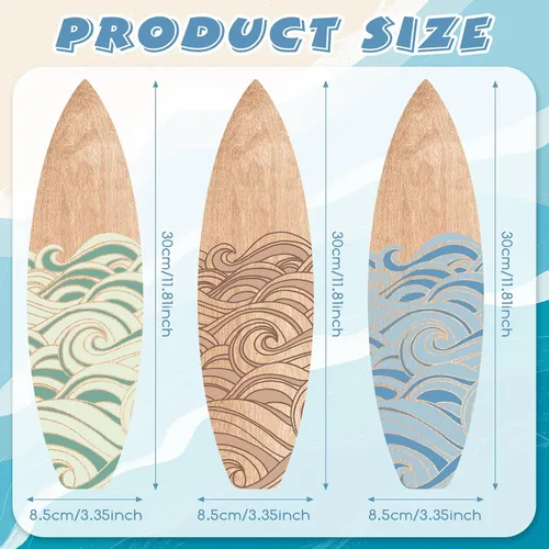 Vista 2 de RattanView Juego de 3 piezas de decoración de pared de tablas de surf de 11.8 x 3.4 pulgadas, tabla de surf de madera ondulada, playa, verano