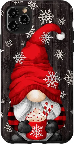 Vista 13 de iPhone 14 Pro Gnomo de Navidad rojo para mujeres con taza de cacao caliente lindo estuche de Navidad