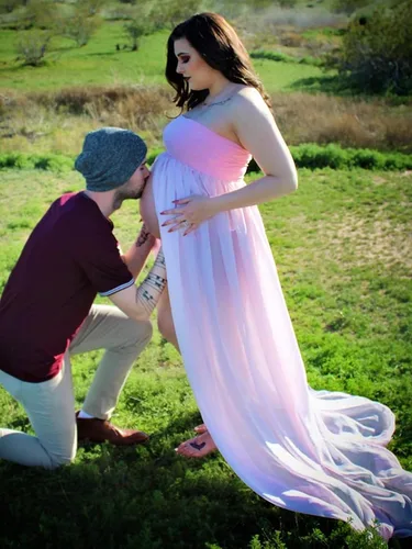 Vista 2 de Vestido de maternidad sin tirantes para mujer, con hombros descubiertos, para fotografía, vestido de gasa con abertura frontal para sesión de fotos