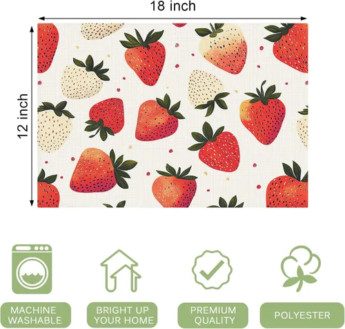 Vista 4 de Juego de 6 manteles individuales lavables con diseño de fresa dulce, para primavera y verano, frutas, resistentes al calor, de algodón y lino