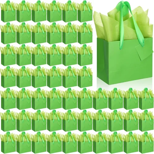 Vista 25 de Qilery 50 bolsas de regalo de papel de boda a granel con papel de seda, pequeñas bolsas de regalo con asa y etiquetas para cumpleaños, bodas