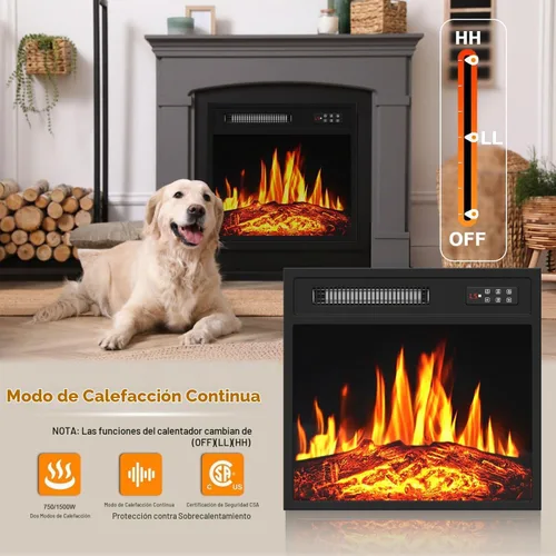 Vista 4 de PRETZI - Chimenea eléctrica de 18 pulgadas con llama LED realista, 750/1500 W Recessed Fireplace Heater with 8H Timer, Remote & Control Panel
