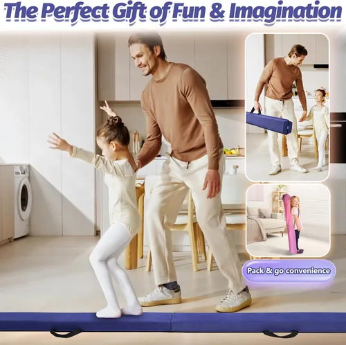 Vista 5 de Viga de equilibrio plegable de 6 pies/9 pies para niños de 3 a 15 años - Viga de suelo de gimnasia plegable, antideslizante, bolsa de transporte