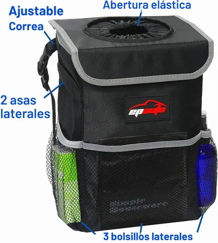 Vista 4 de EPAuto Bote de basura impermeable para automóvil con tapa y bolsillos, 2.5 Negro
