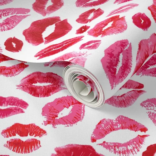 Vista 2 de Spoonflower Papel tapiz para despegar y pegar - Love Lips Red Valentine Beauty Lipstick Besos Acuarela Día de San Valentín Femenino Maquillaje Papel